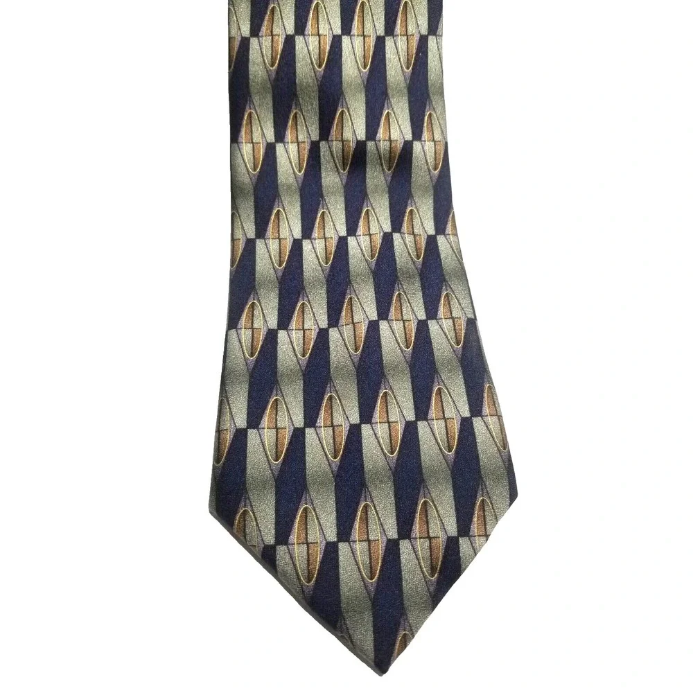 Antonia Collection Handmade Silk Geometric‎ Long Pointed Tie Blue/Green/Gold